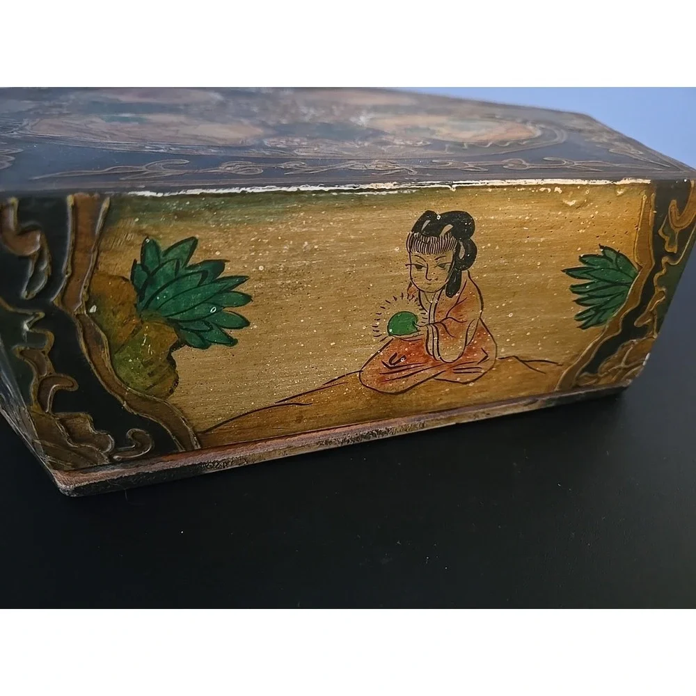 Antique Large Hexagonal Wooden Box Asian Hand Painted 6 Inside Compartments Rare